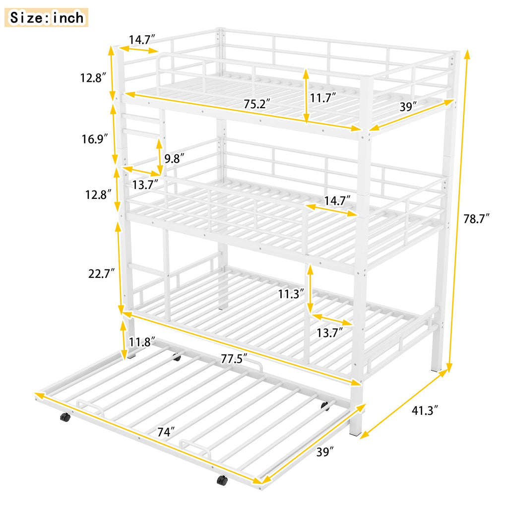 Triple Bunk Bed With Trundle, Heavy Duty Steel Construction by Unique Piece Furniture