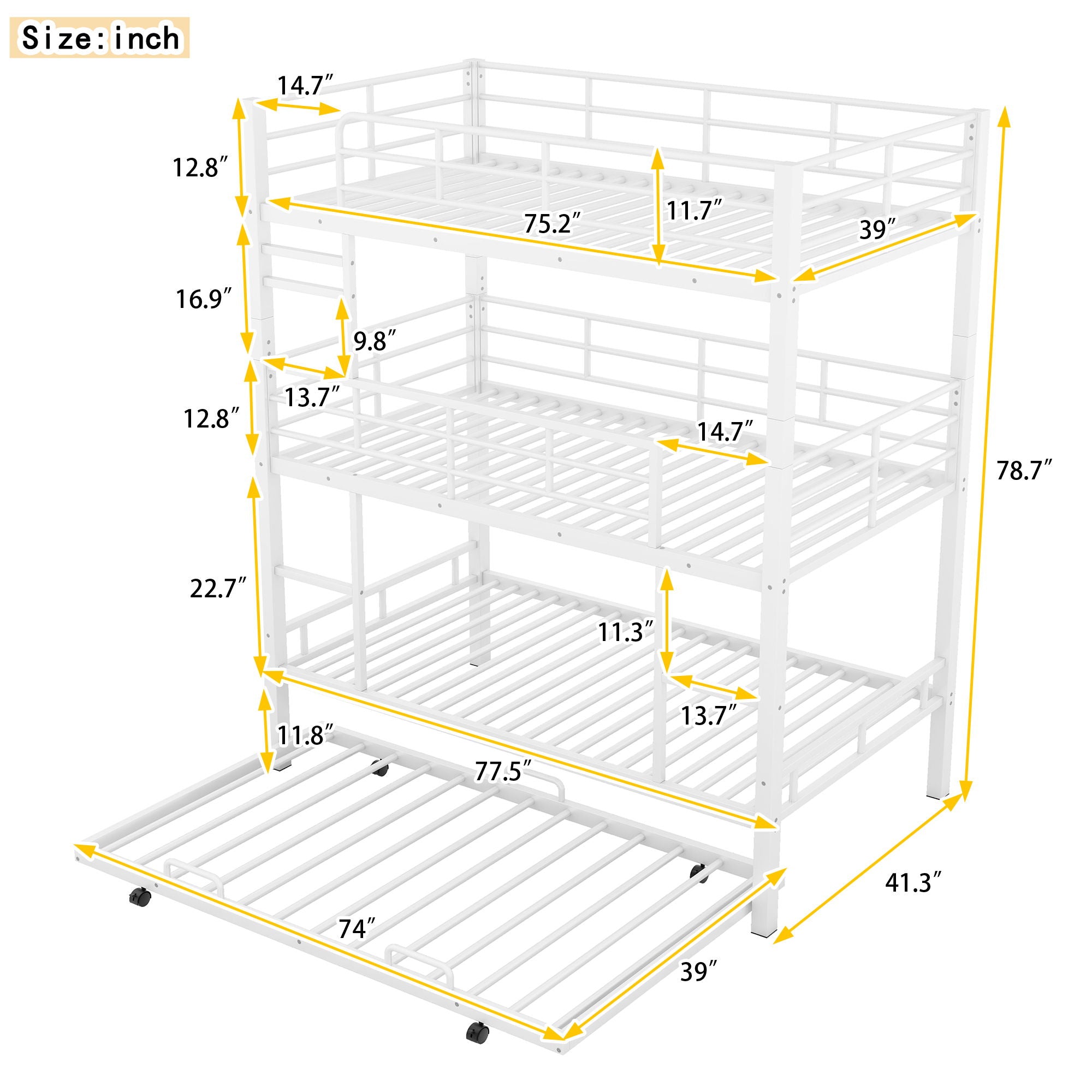 Triple Bunk Bed With Trundle, Heavy Duty Steel Construction by Unique Piece Furniture