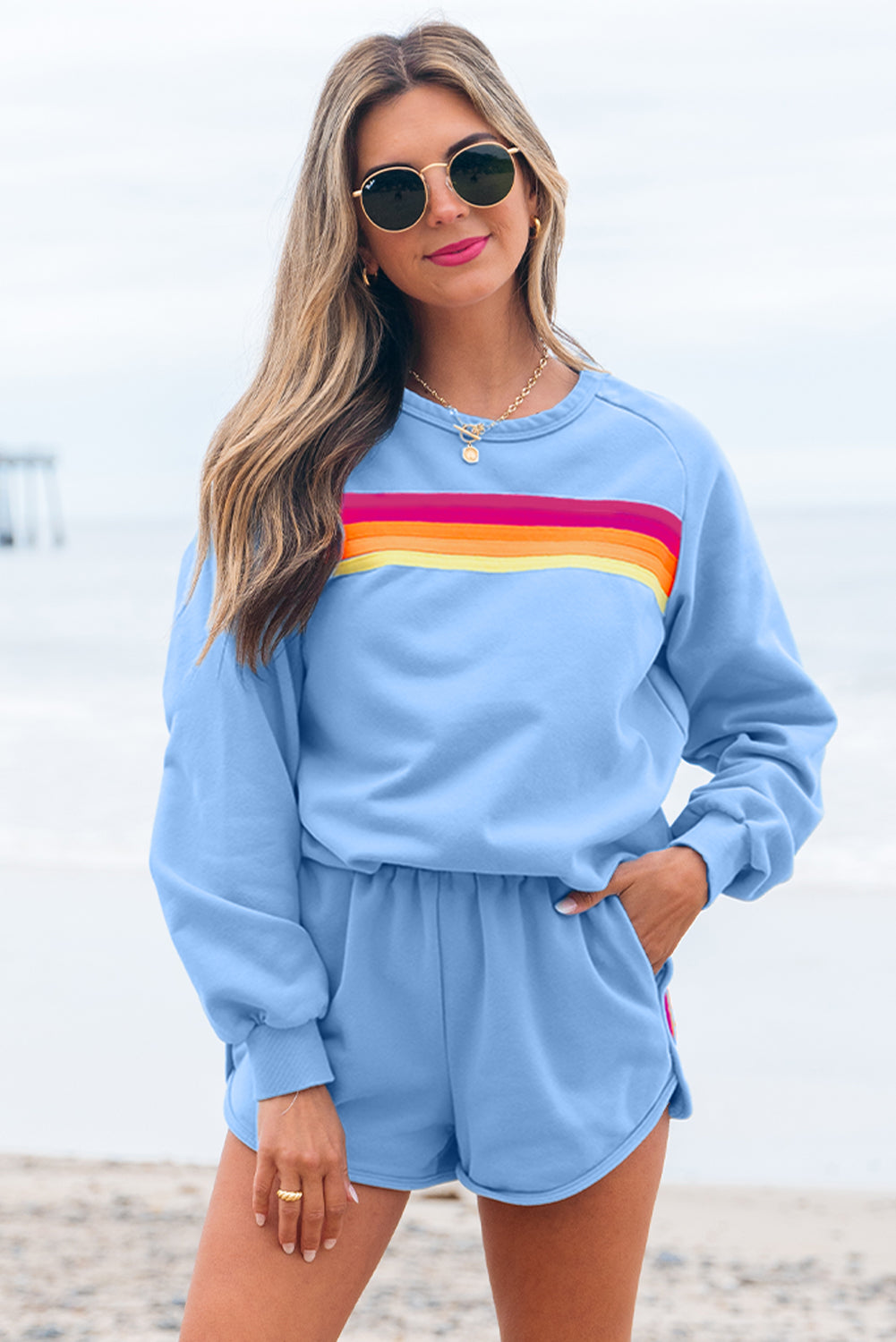Apricot Striped Accent Pullover and Shorts Two Piece Casual Set by Dear-Lover Dropshipping
