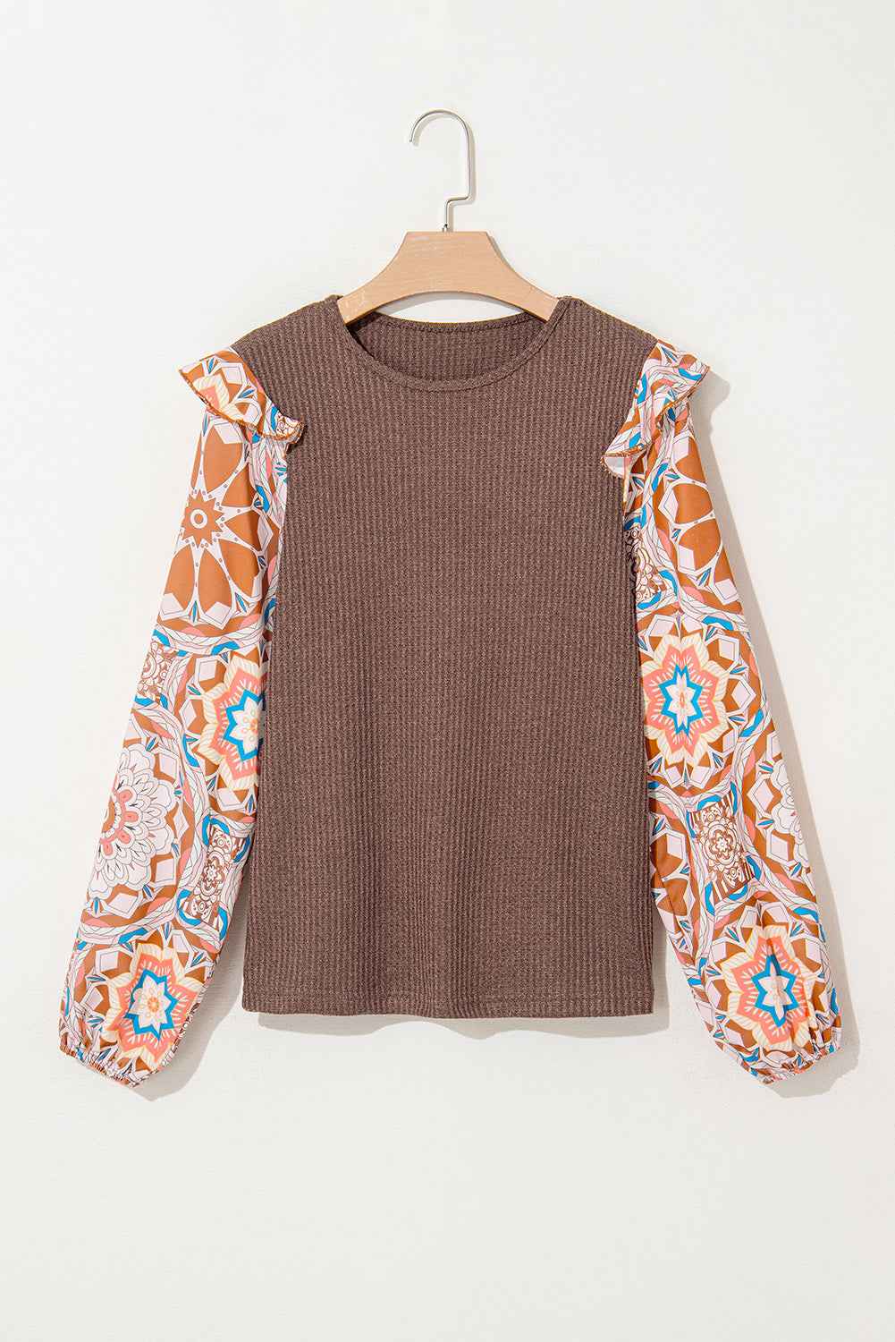 Coffee Ruffled Floral Sleeve Patchwork Waffle Knit O Neck Blouse by Wild and Free Boutique