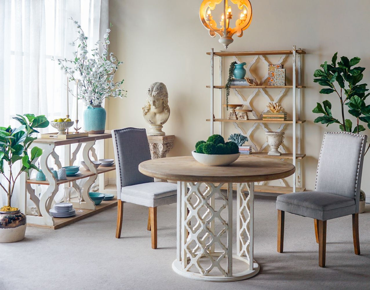 Round Wooden Dining Table With Ornate Cut Out Base - Brown / Antique White by Unique Piece Furniture