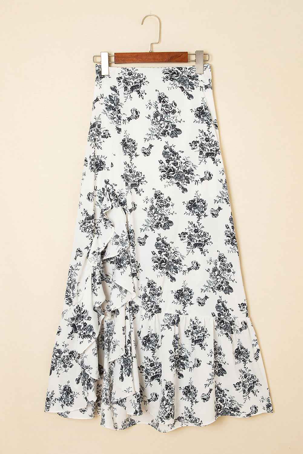 Black Boho Floral High Waist Ruffle Split Maxi Skirt by Wild and Free Boutique