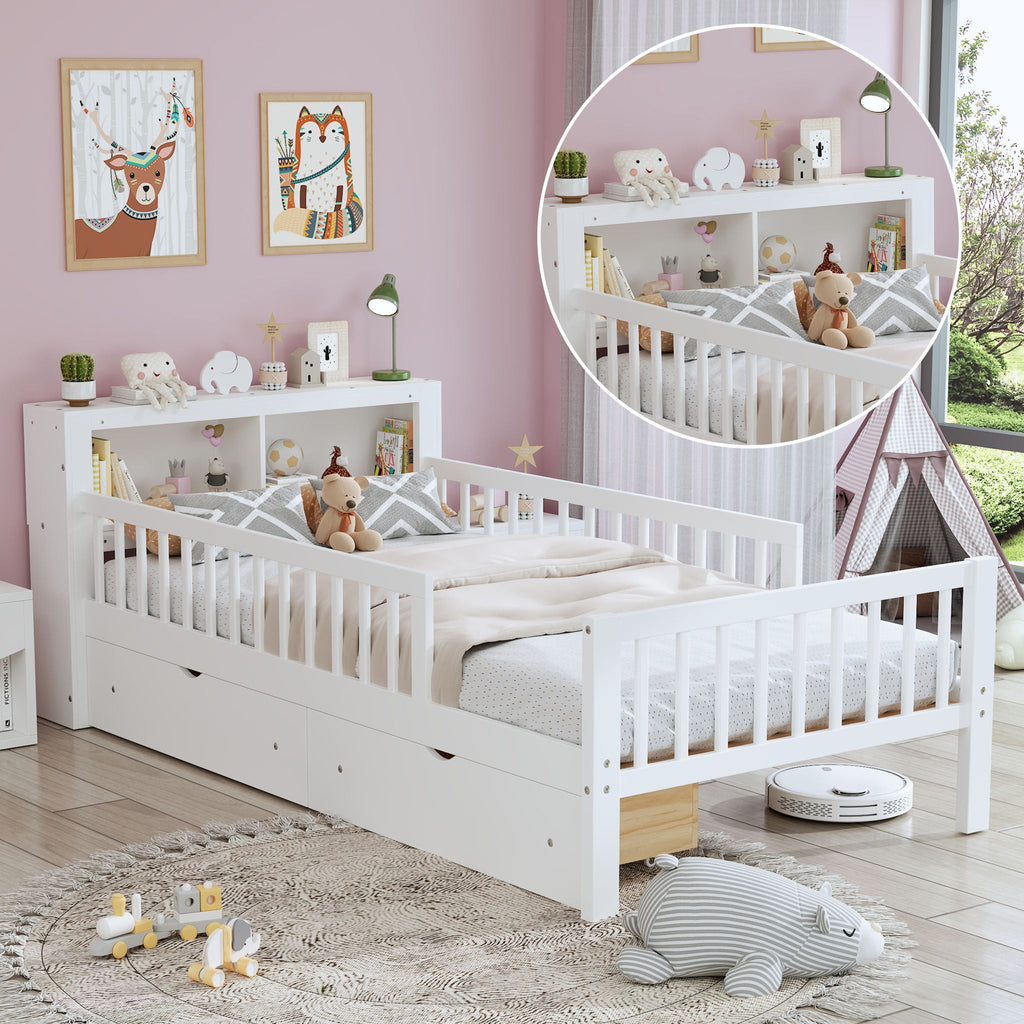 Bed With Headboard Storage Rack, 2 Under Bed Drawers, 3 Side Guardrails For Safety by Unique Piece Furniture