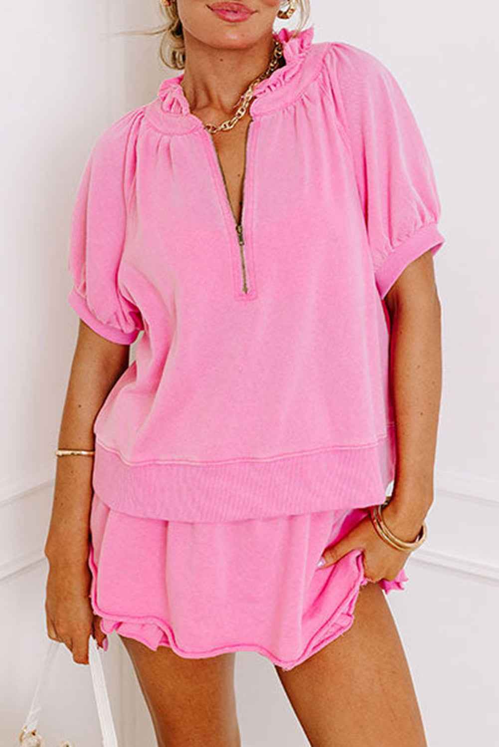 Pink Half Zip Puff Sleeve Top and Ruffle Shorts Set by Wild and Free Boutique