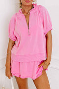 Pink Half Zip Puff Sleeve Top and Ruffle Shorts Set by Wild and Free Boutique
