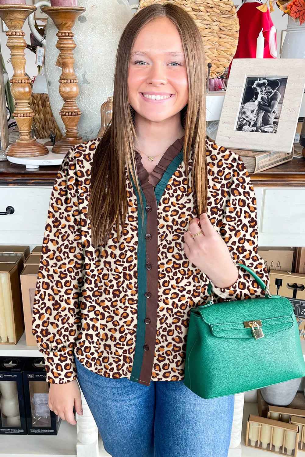 Brown Leopard Print Contrast Frilled Trim Button Down V Neck Shirt by Wild and Free Boutique