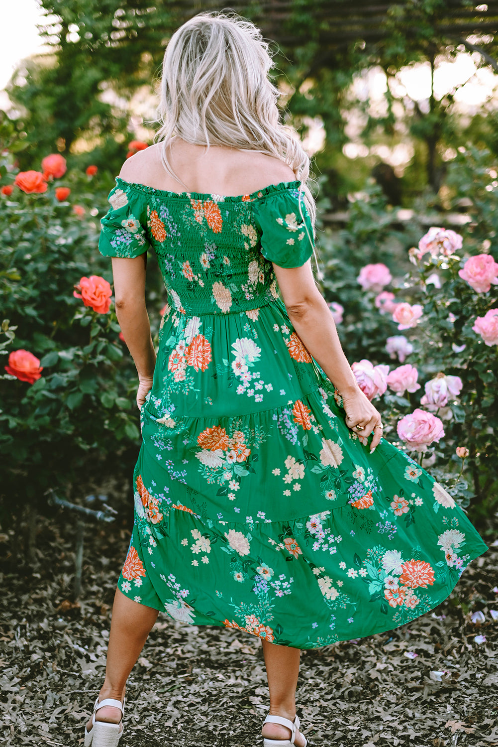 Green Floral Print Bubble Sleeve Smocked Tiered Midi Dress by Dear-Lover Dropshipping