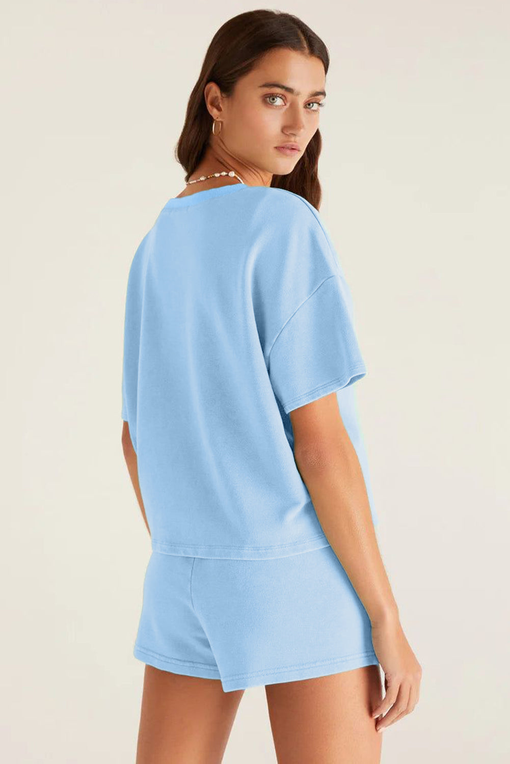 Mint Green V Neck Drop Shoulder Tee and Patchwork Drawstring Elastic Waistband Shorts Set by Dear-Lover Dropshipping