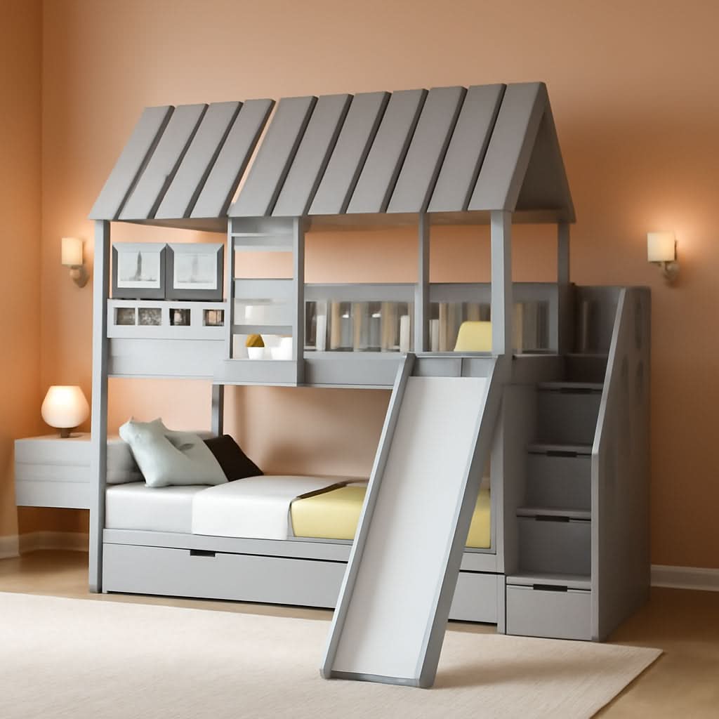 Twin Over Twin Bunk Bed With Slide For Kids Room Decor by ShipItFurniture