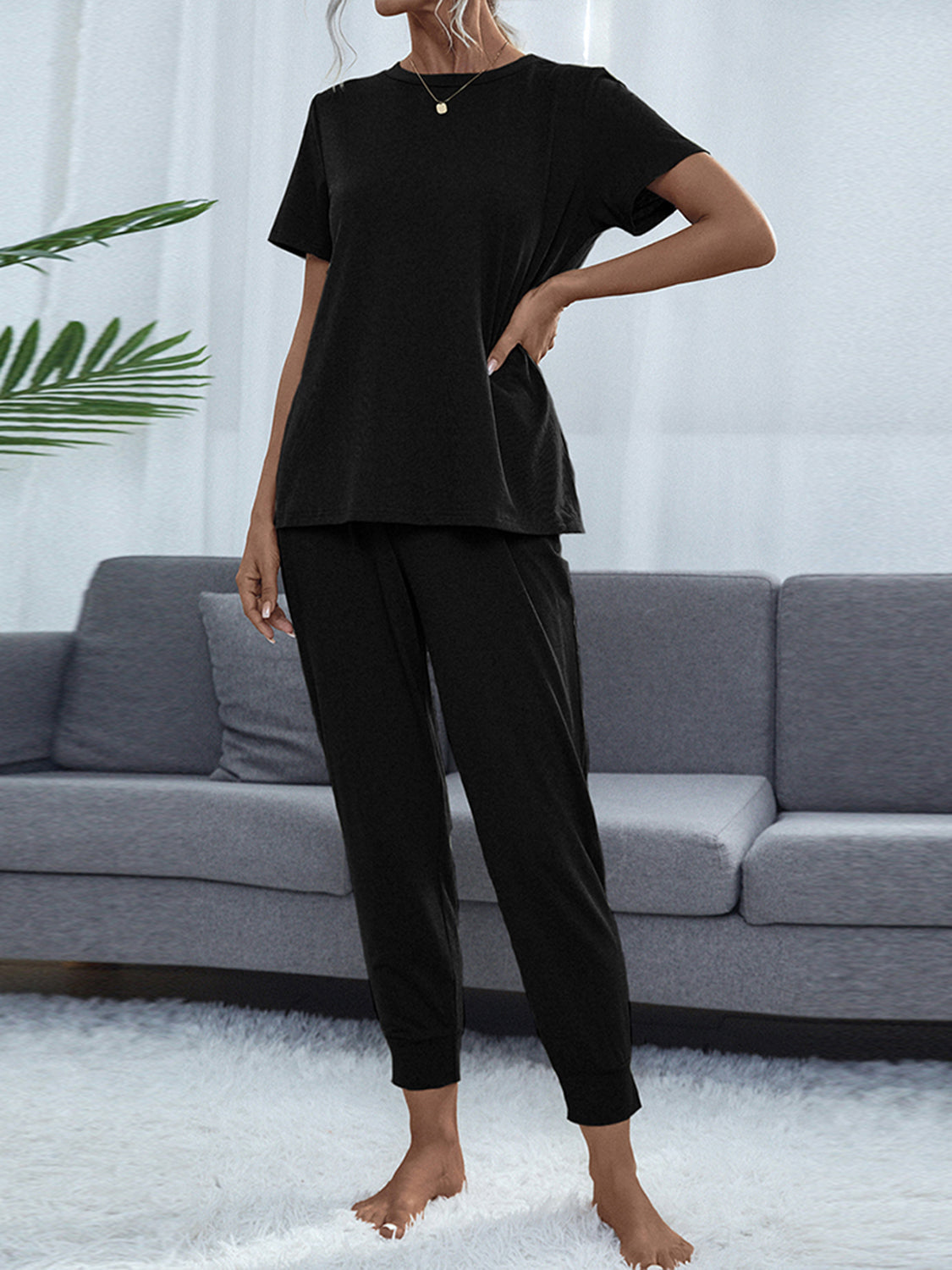 Shiny Round Neck Short Sleeve Top and Pants Set by Wild and Free Boutique