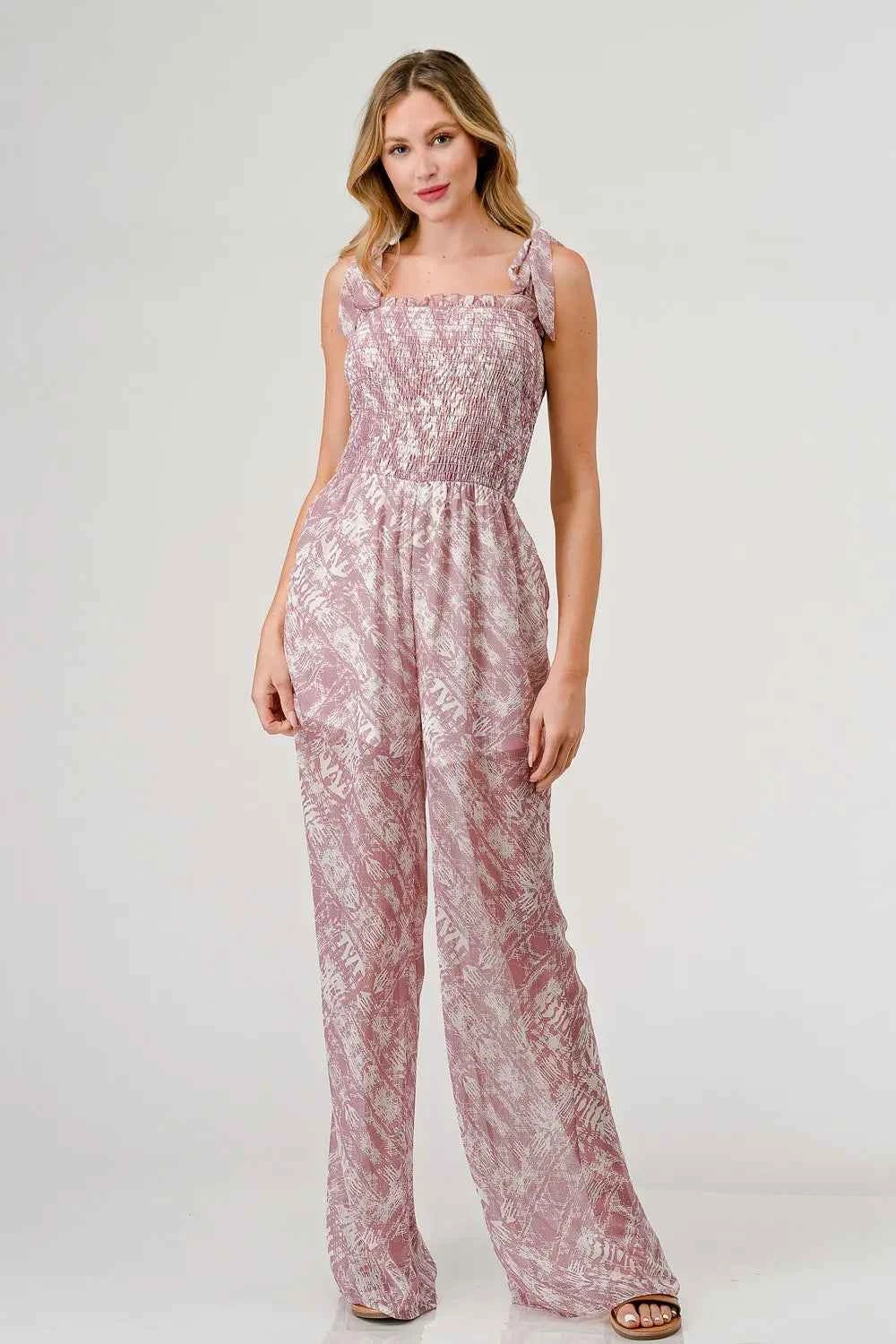 GeeGee Printed Tie Shoulder Wide Leg Jumpsuit by Wild and Free Boutique