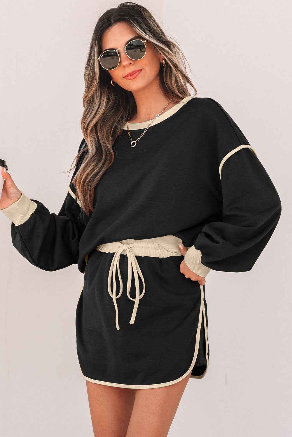 Black Color Contrast Loose Pullover and Lace-up Waist Skort Set by Dear-Lover Dropshipping