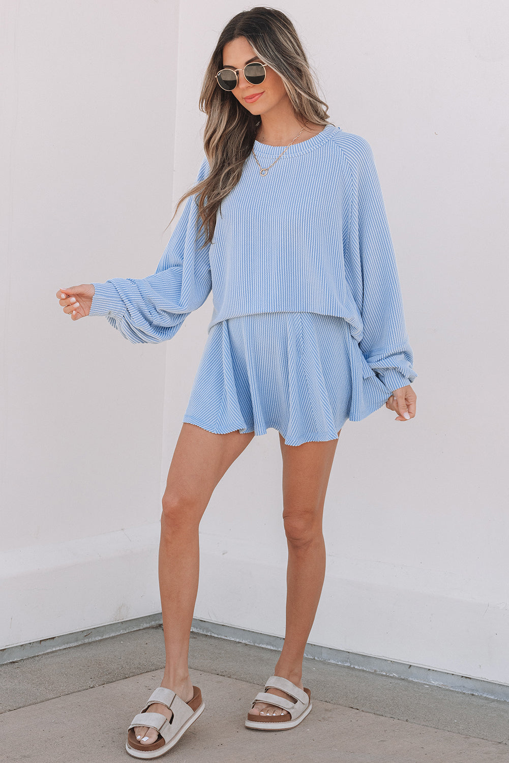 Jet Stream Corded Lantern Sleeve Top High Waist Ruffled Mini Skirt Set by Wild and Free Boutique