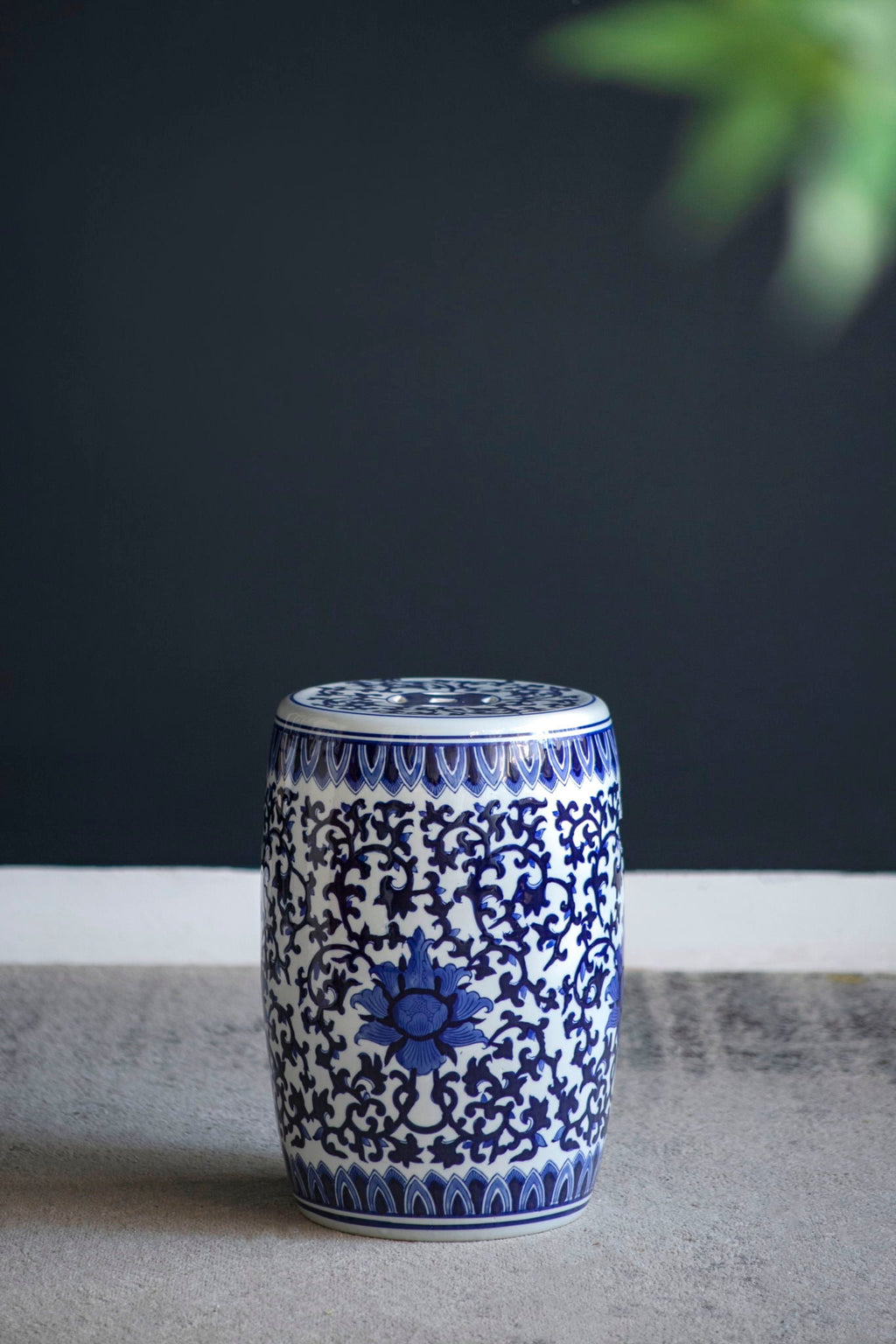 Ceramic Garden Stool, Small Side Tabel - White / Blue by Unique Piece Furniture