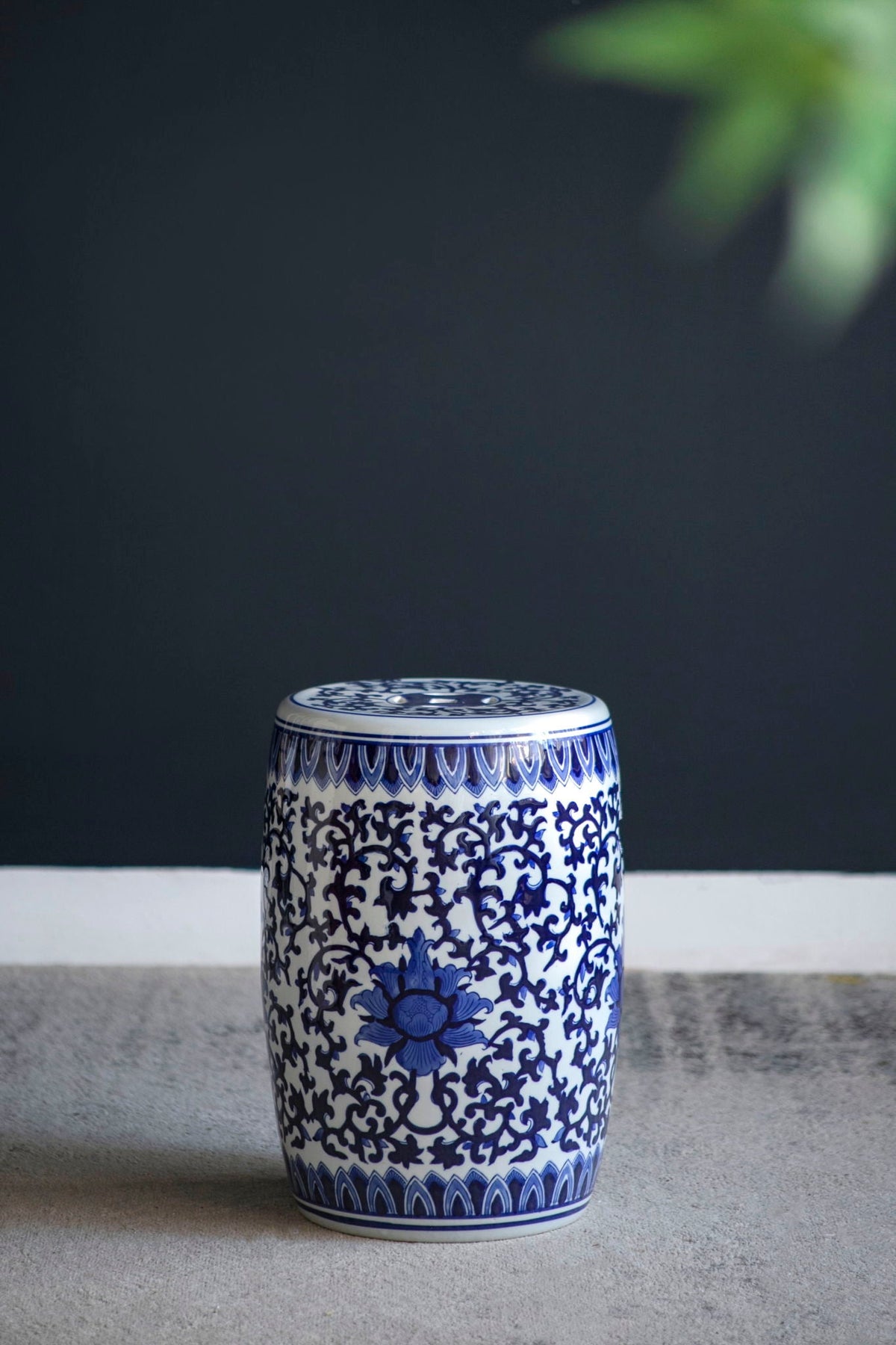 Ceramic Garden Stool, Small Side Tabel - White / Blue by Unique Piece Furniture