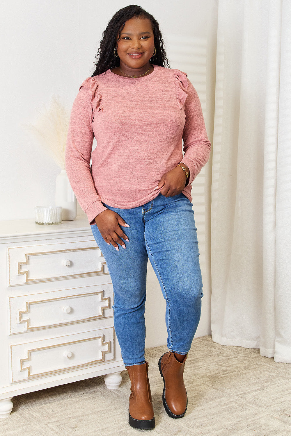 Double Take Ruffle Shoulder Long Sleeve T-Shirt by Wild and Free Boutique
