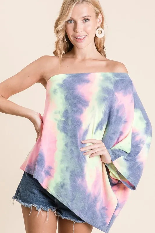 BiBi Tie Dye French Terry One Shoulder Top with Dolman by Wild and Free Boutique