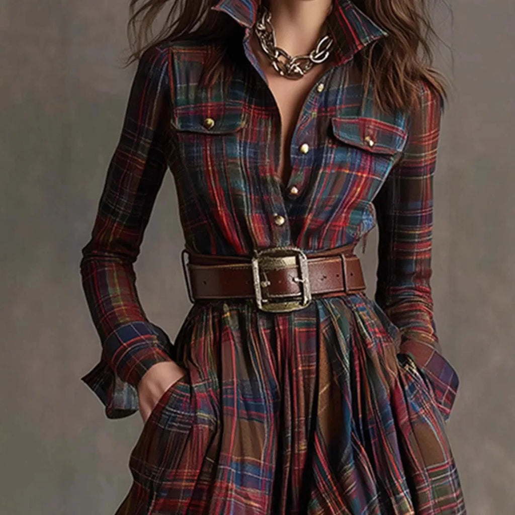 European American Women's Long Sleeve Plaid Maxi Dress for Women with Button Pocket - Autumn Casual Retro Vestidos by AliExpress