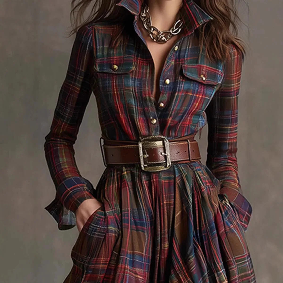 European American Women's Long Sleeve Plaid Maxi Dress for Women with Button Pocket - Autumn Casual Retro Vestidos by AliExpress