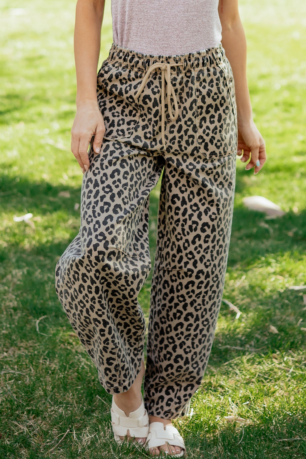 Khaki Leopard Print Drawstring Elastic Waist Loose Denim Pants with Pockets by Wild and Free Boutique