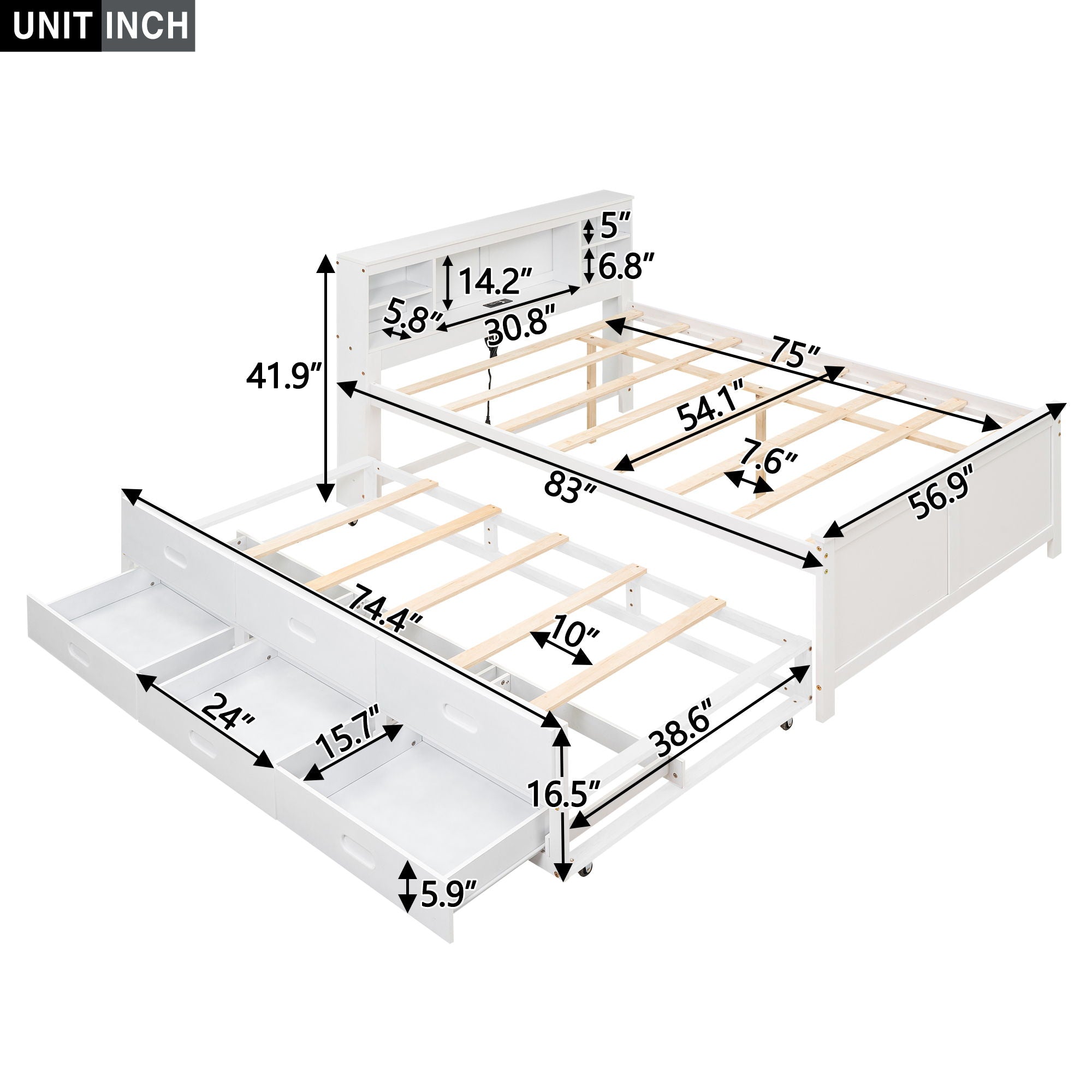 Platform Bed With Storage Headboard, USB, Trundle And 3 Drawers by Unique Piece Furniture