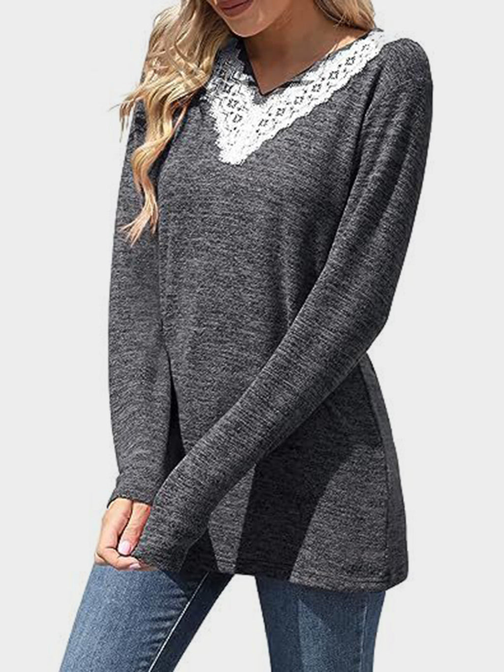 Lace Detail V-Neck Long Sleeve T-Shirt by Wild and Free Boutique