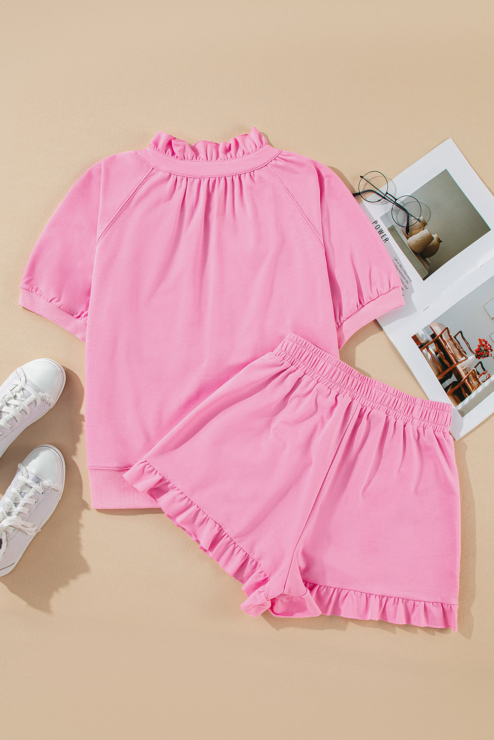 Pink Half Zip Puff Sleeve Top and Ruffle Shorts Set by Wild and Free Boutique