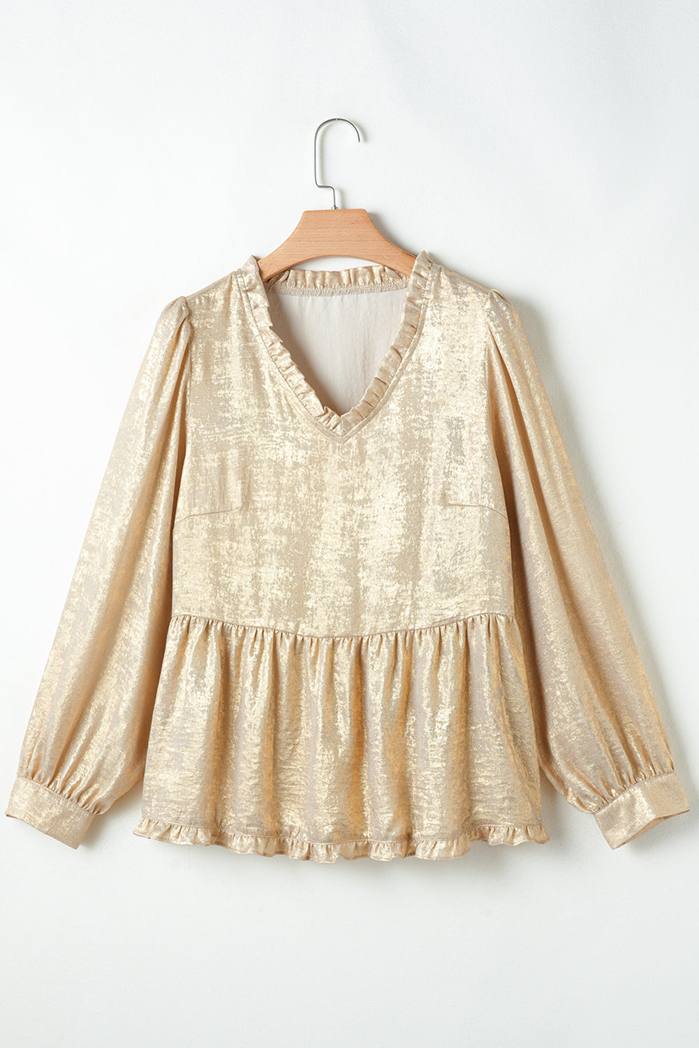 Gold Metallic Frilled V Neck Puff Sleeve Babydoll Blouse by Wild and Free Boutique