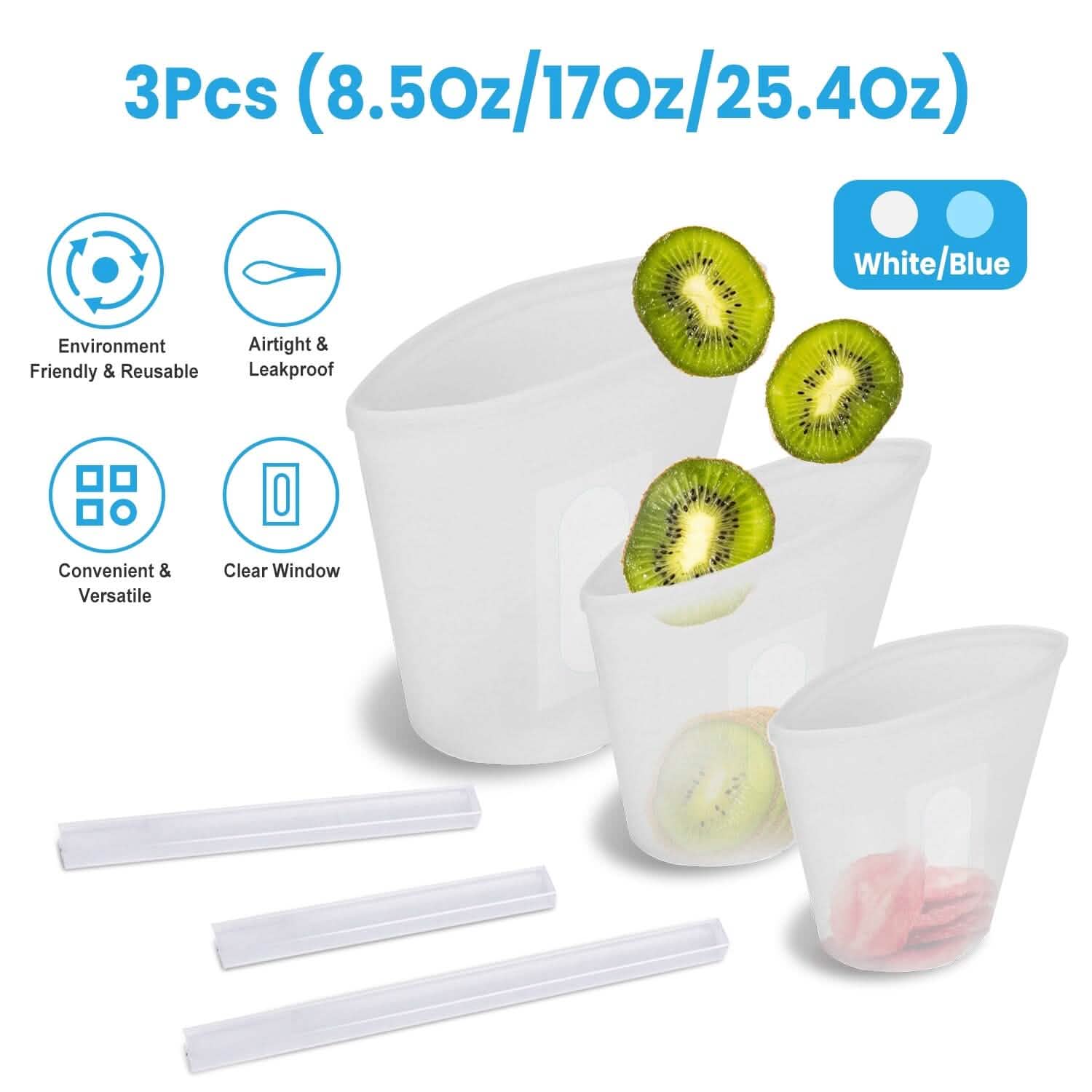 3-Pieces: Silicone Food Storage Bags Reusable Leakproof Food Container Set with 3 Seals by DailySale