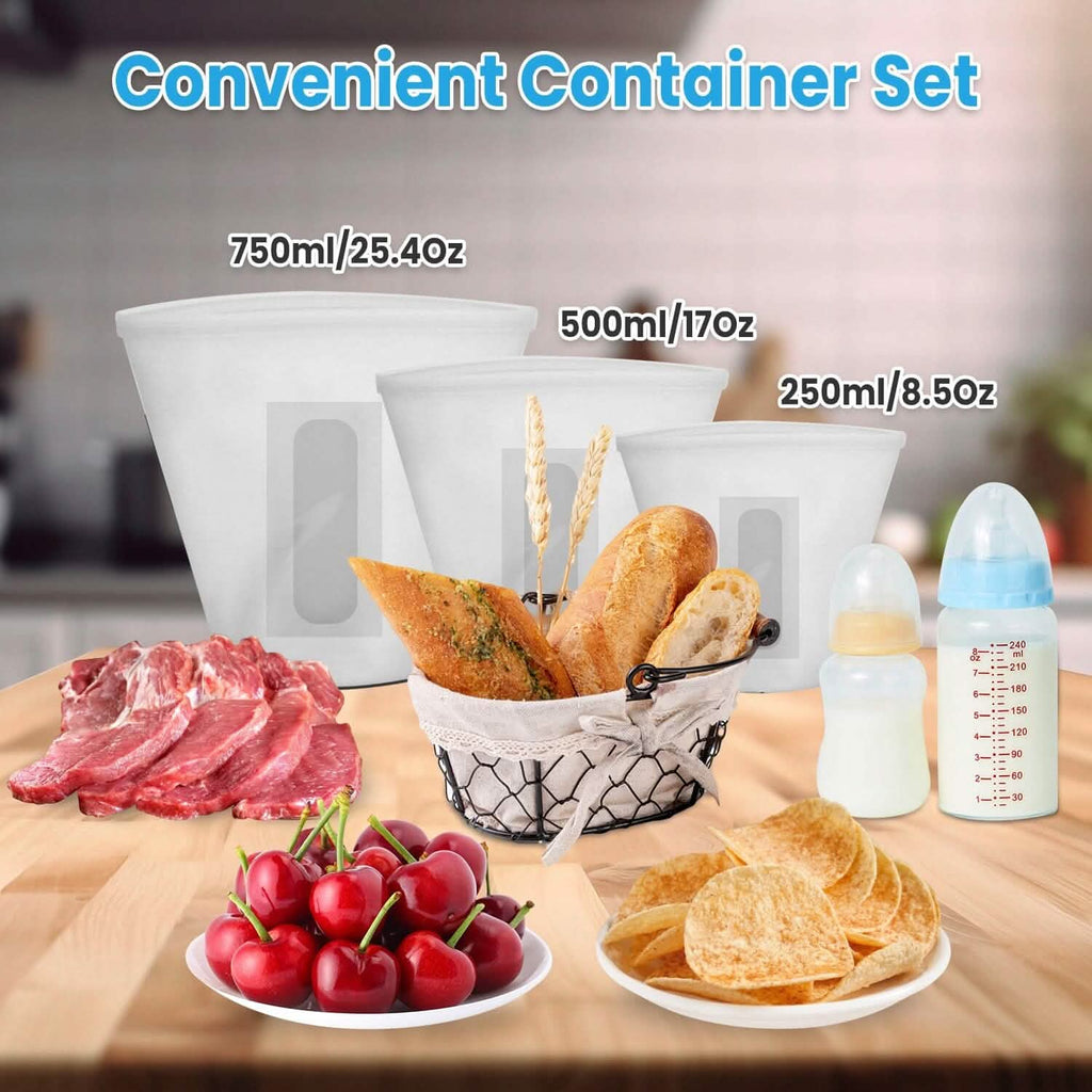 3-Pieces: Silicone Food Storage Bags Reusable Leakproof Food Container Set with 3 Seals by DailySale