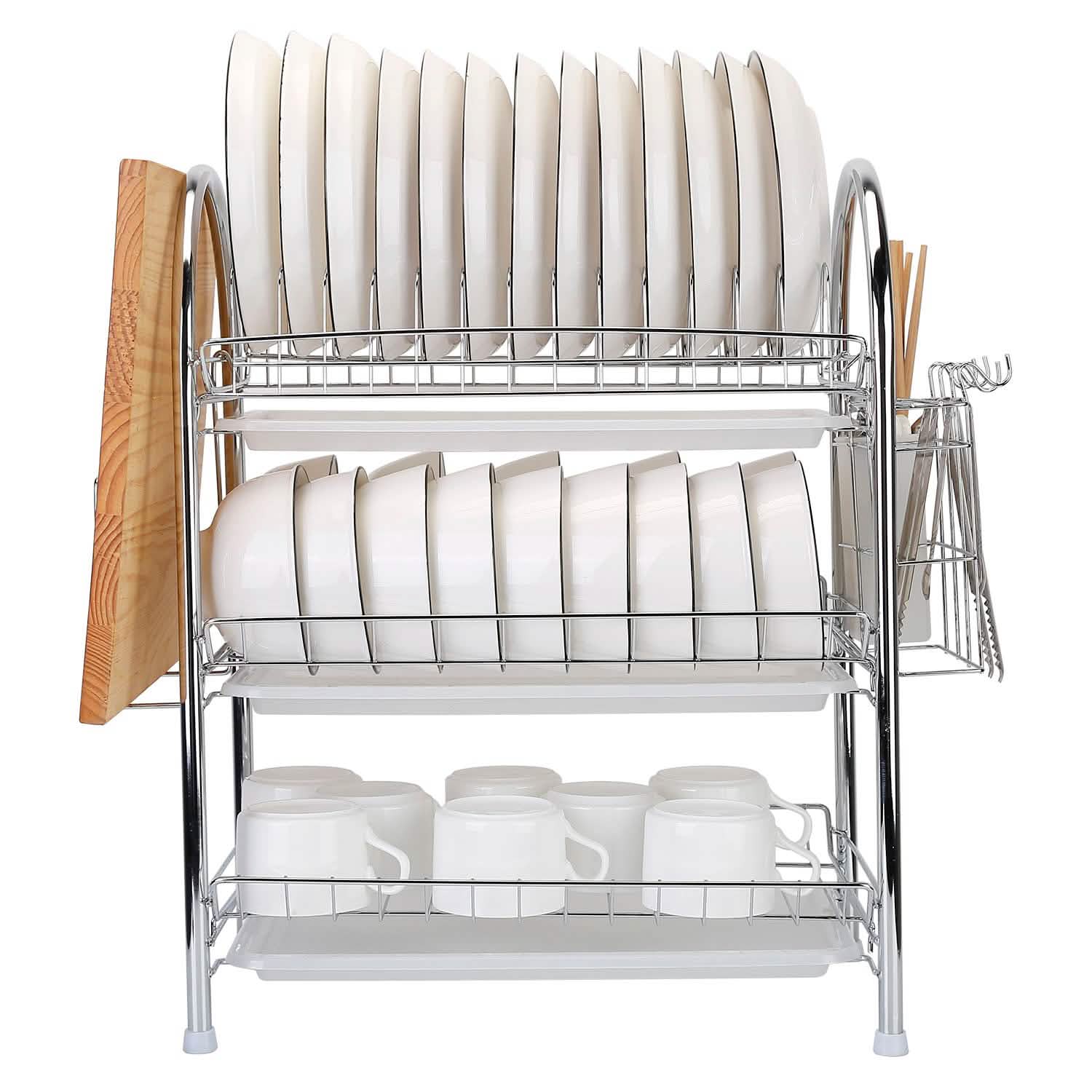 3-Tier Dish Drying Rack Shelf with 3 Drain Trays Chopping Board by DailySale