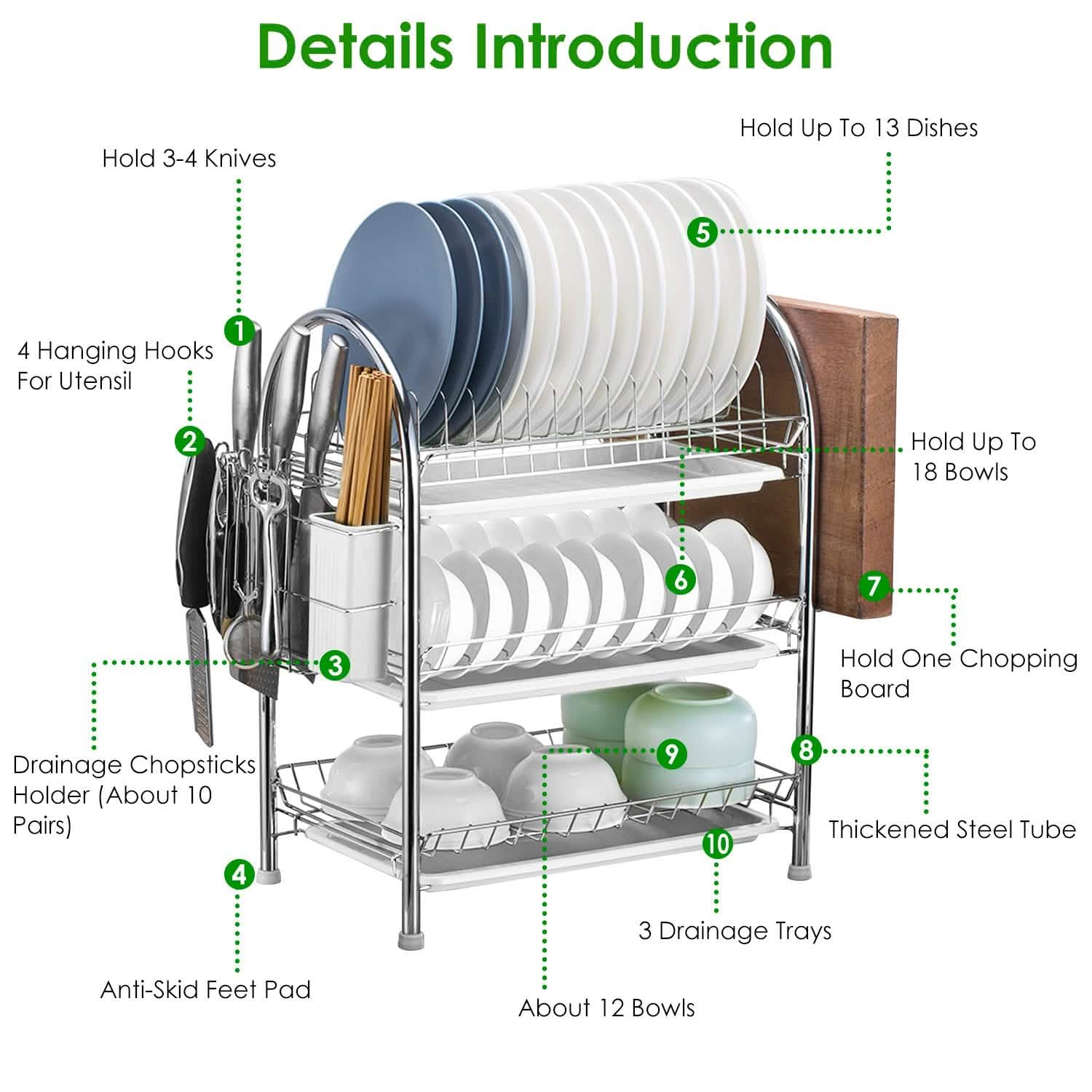 3-Tier Dish Drying Rack Shelf with 3 Drain Trays Chopping Board by DailySale