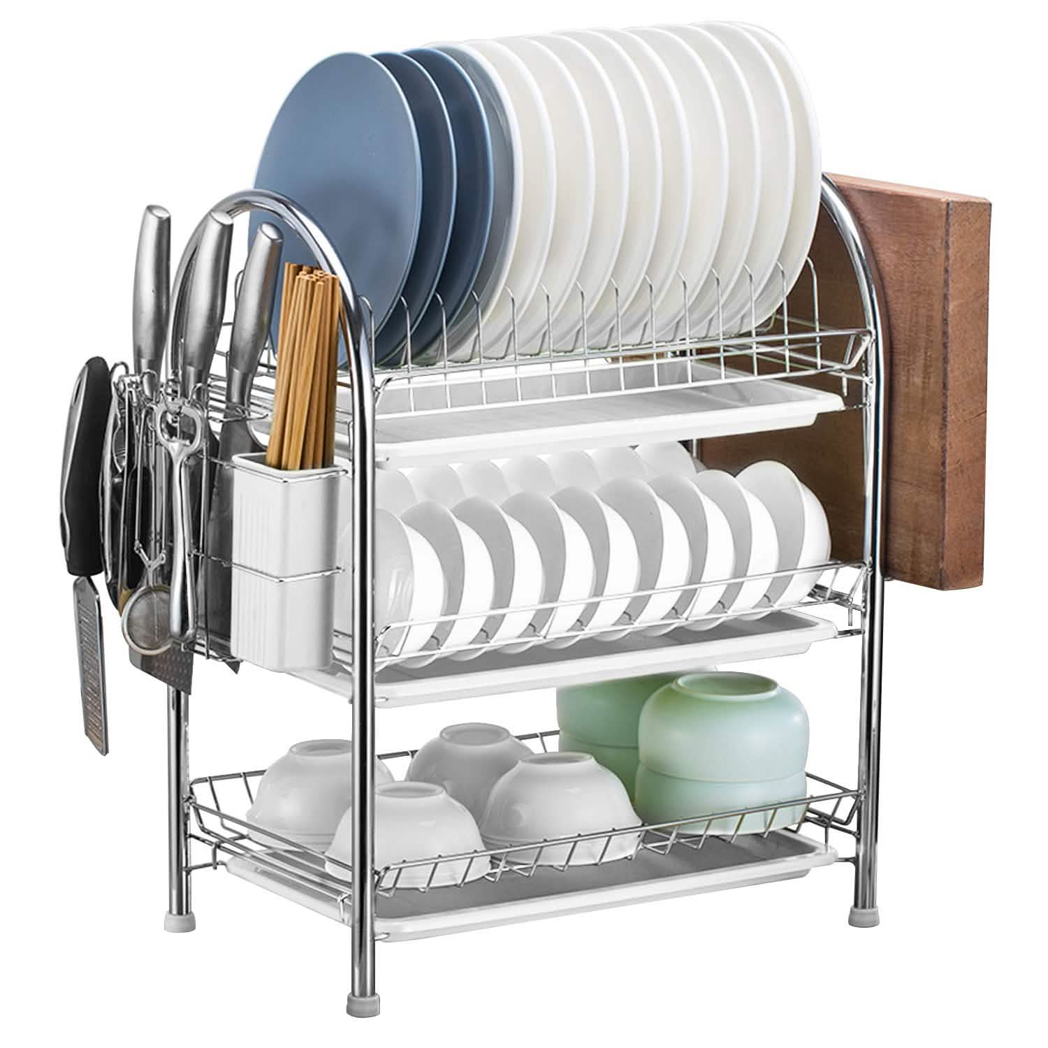 3-Tier Dish Drying Rack Shelf with 3 Drain Trays Chopping Board by DailySale