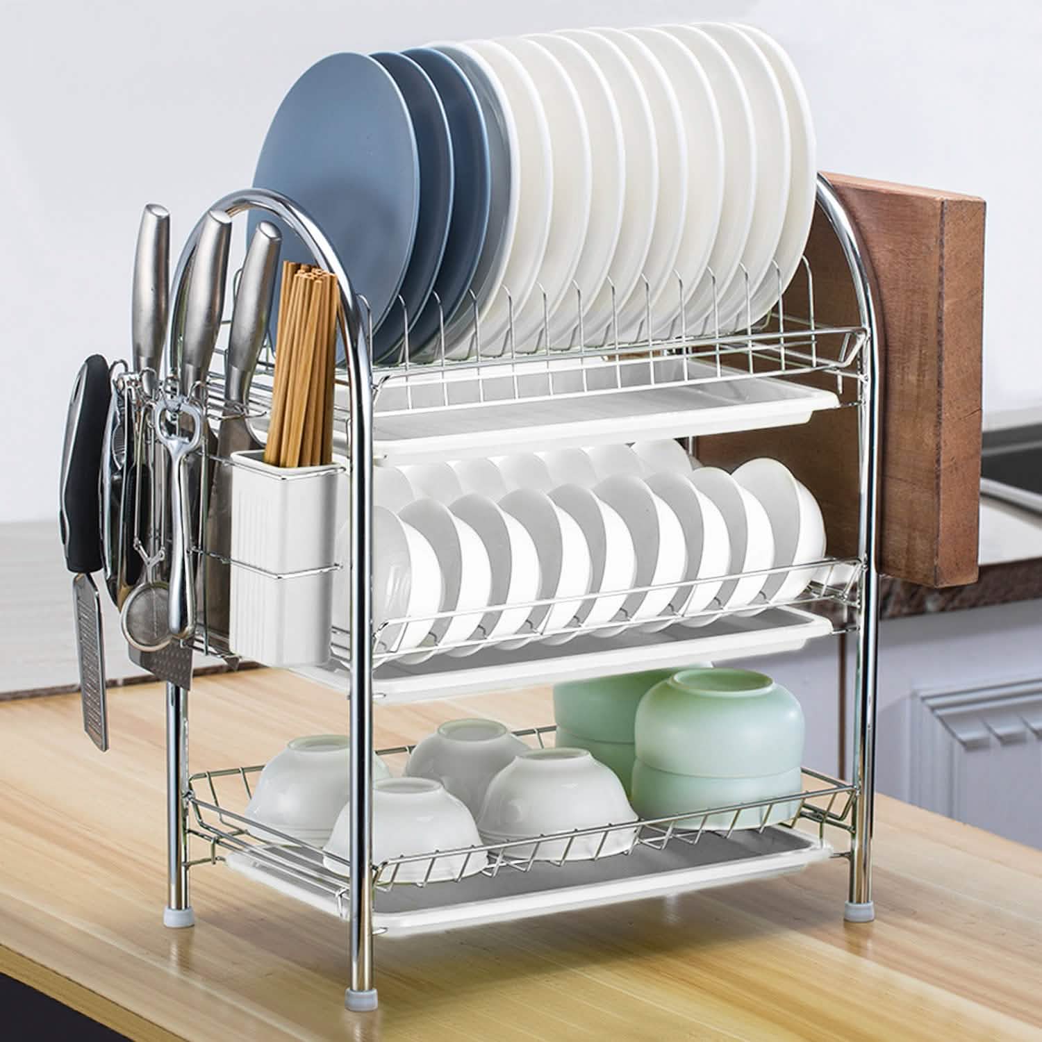 3-Tier Dish Drying Rack Shelf with 3 Drain Trays Chopping Board by DailySale