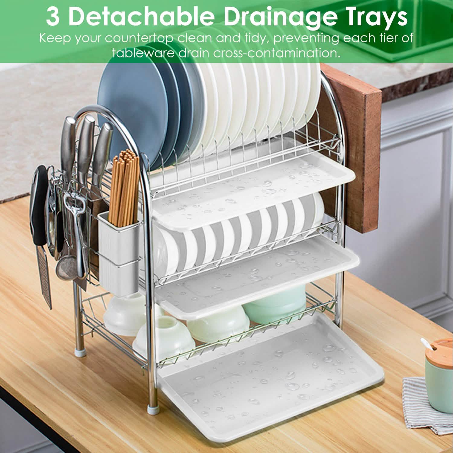 3-Tier Dish Drying Rack Shelf with 3 Drain Trays Chopping Board by DailySale