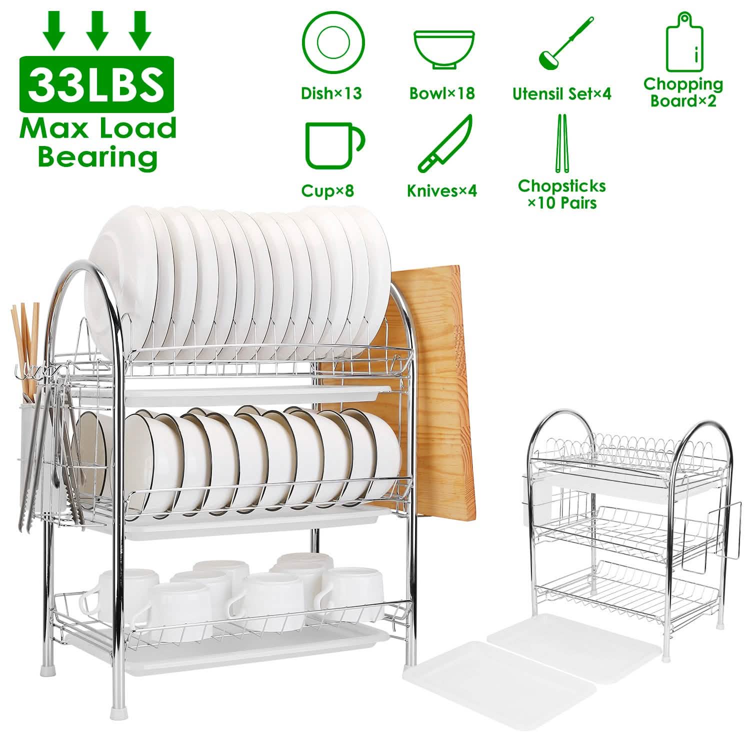 3-Tier Dish Drying Rack Shelf with 3 Drain Trays Chopping Board by DailySale