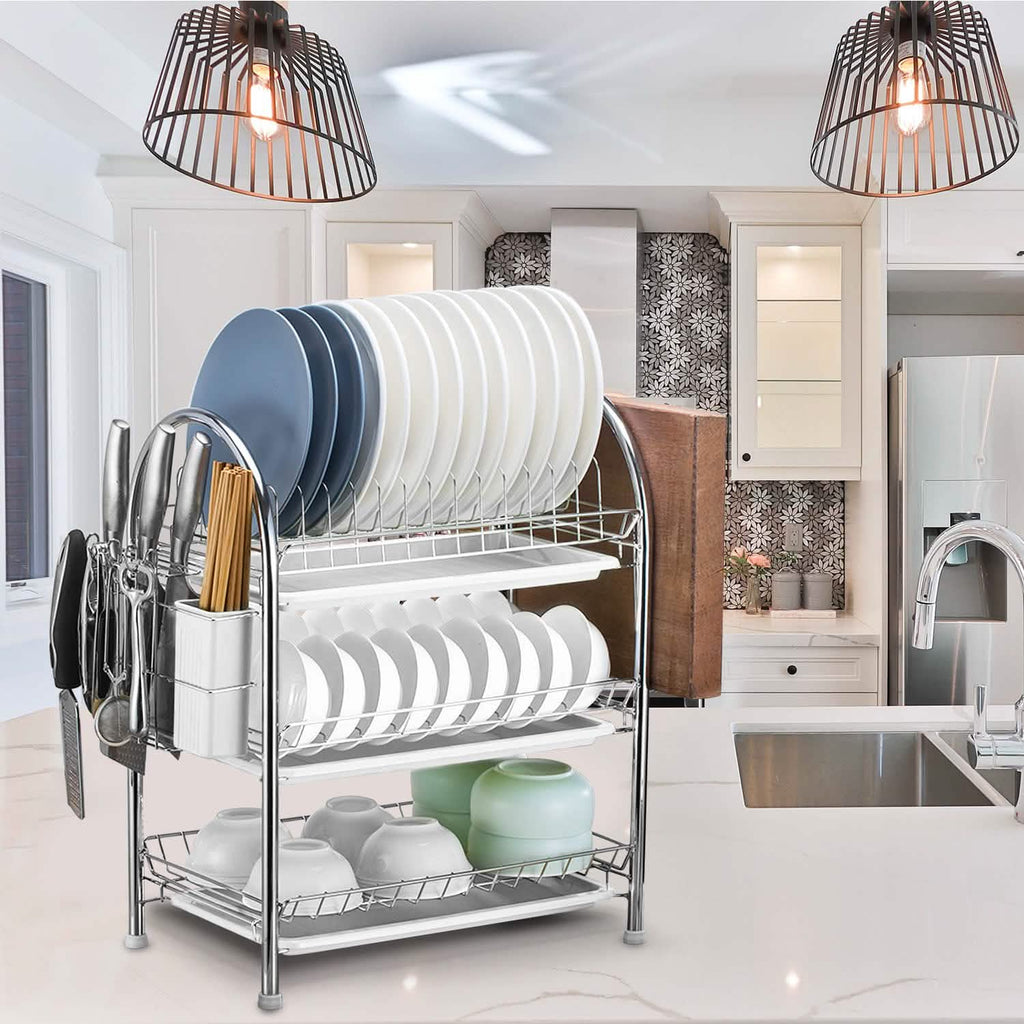 3-Tier Dish Drying Rack Shelf with 3 Drain Trays Chopping Board by DailySale