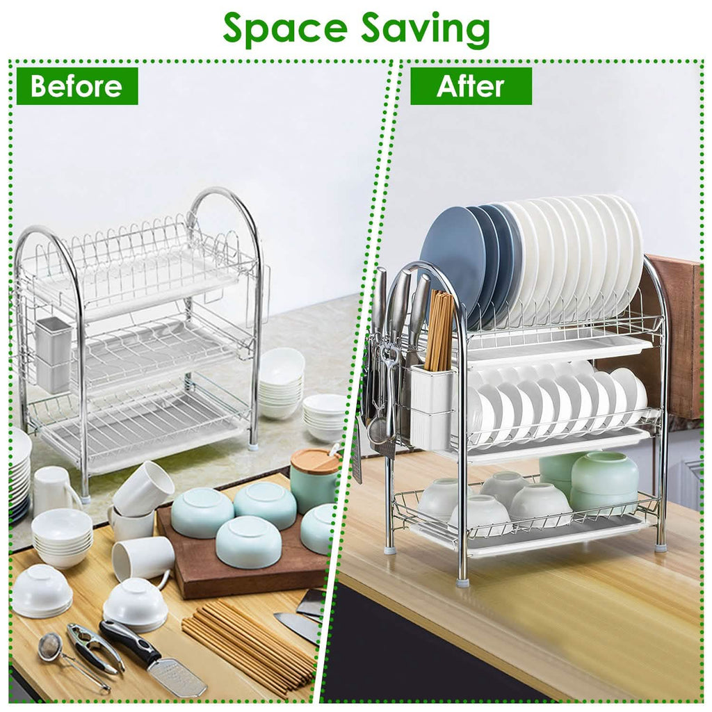 3-Tier Dish Drying Rack Shelf with 3 Drain Trays Chopping Board by DailySale