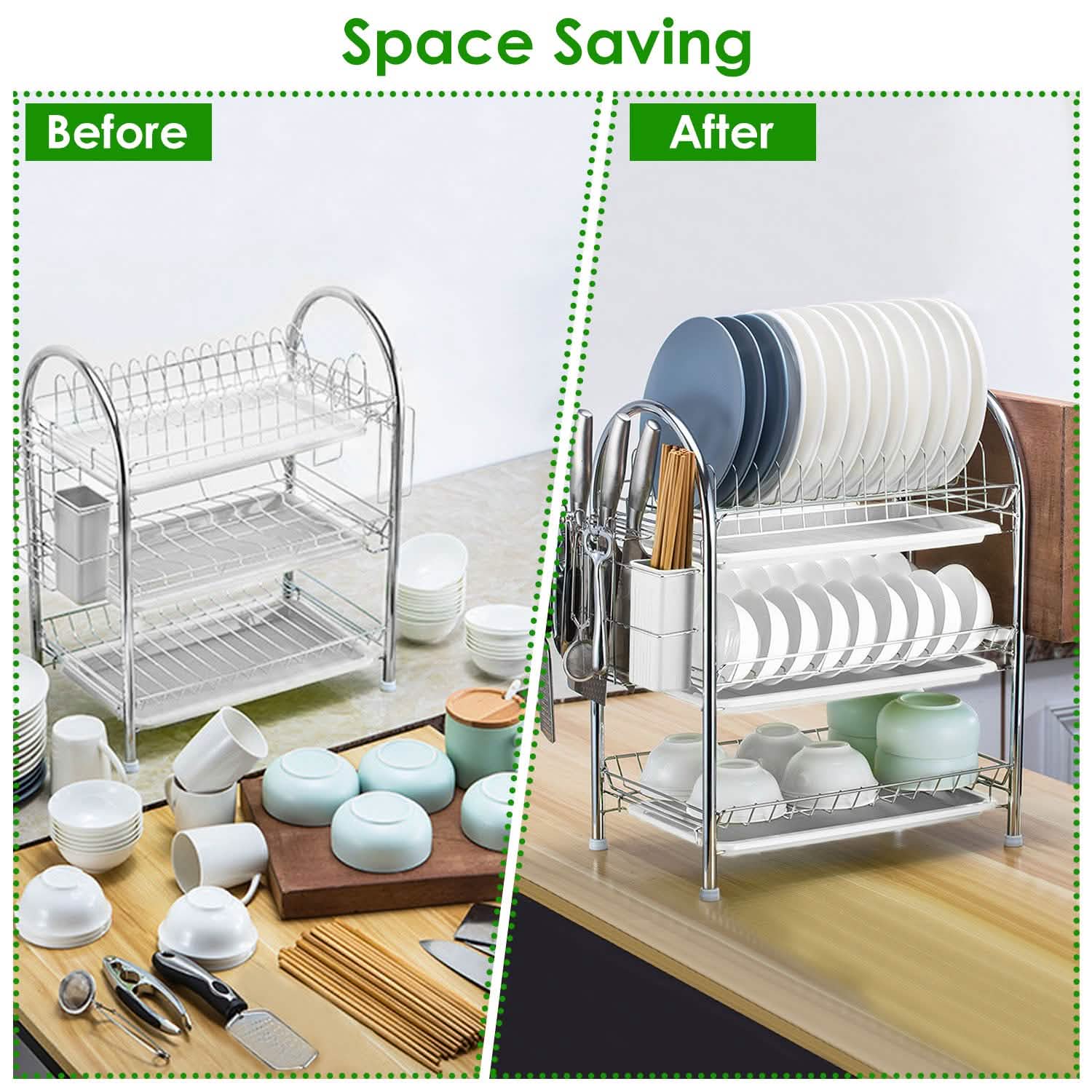 3-Tier Dish Drying Rack Shelf with 3 Drain Trays Chopping Board by DailySale