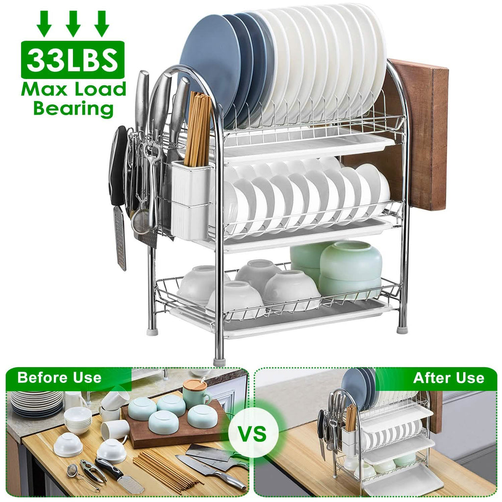 3-Tier Dish Drying Rack Shelf with 3 Drain Trays Chopping Board by DailySale