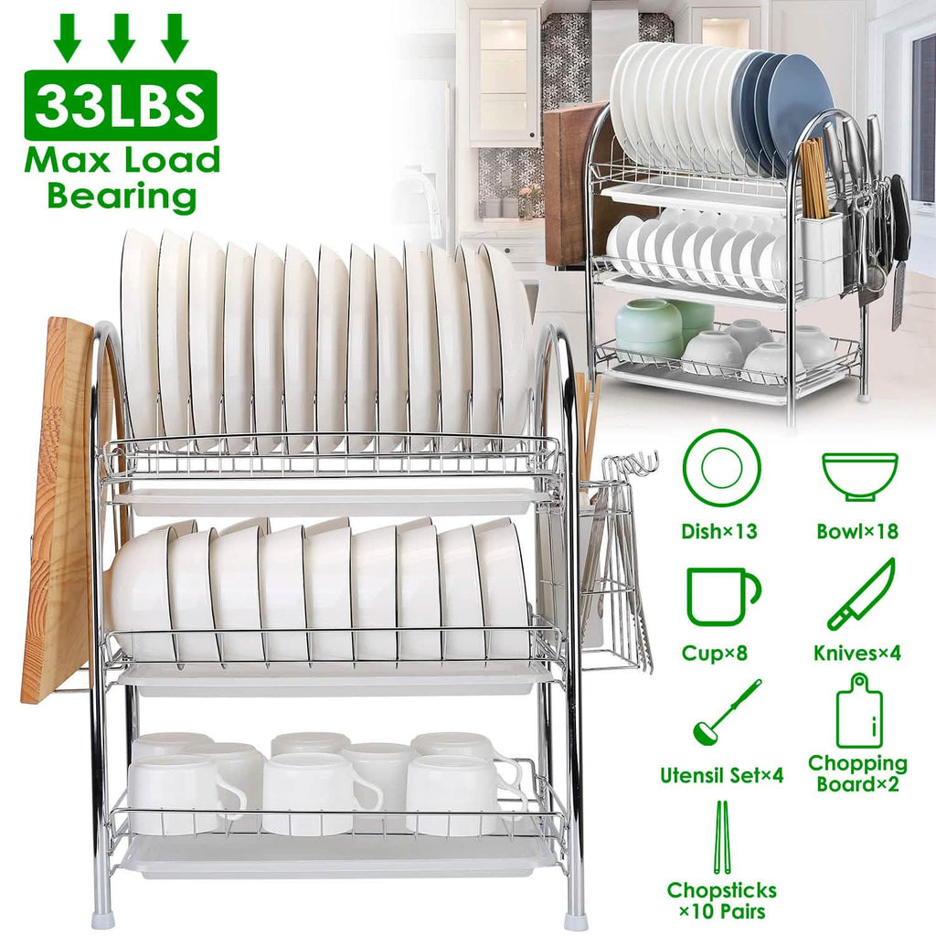 3-Tier Dish Drying Rack Shelf with 3 Drain Trays Chopping Board by DailySale