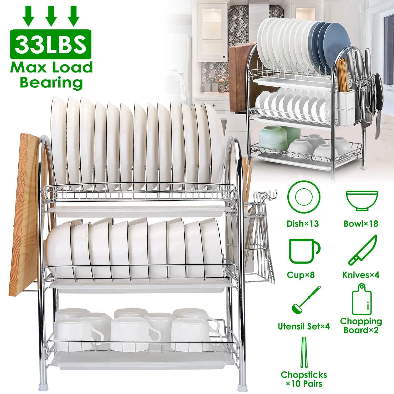 3-Tier Dish Drying Rack Shelf with 3 Drain Trays Chopping Board by DailySale