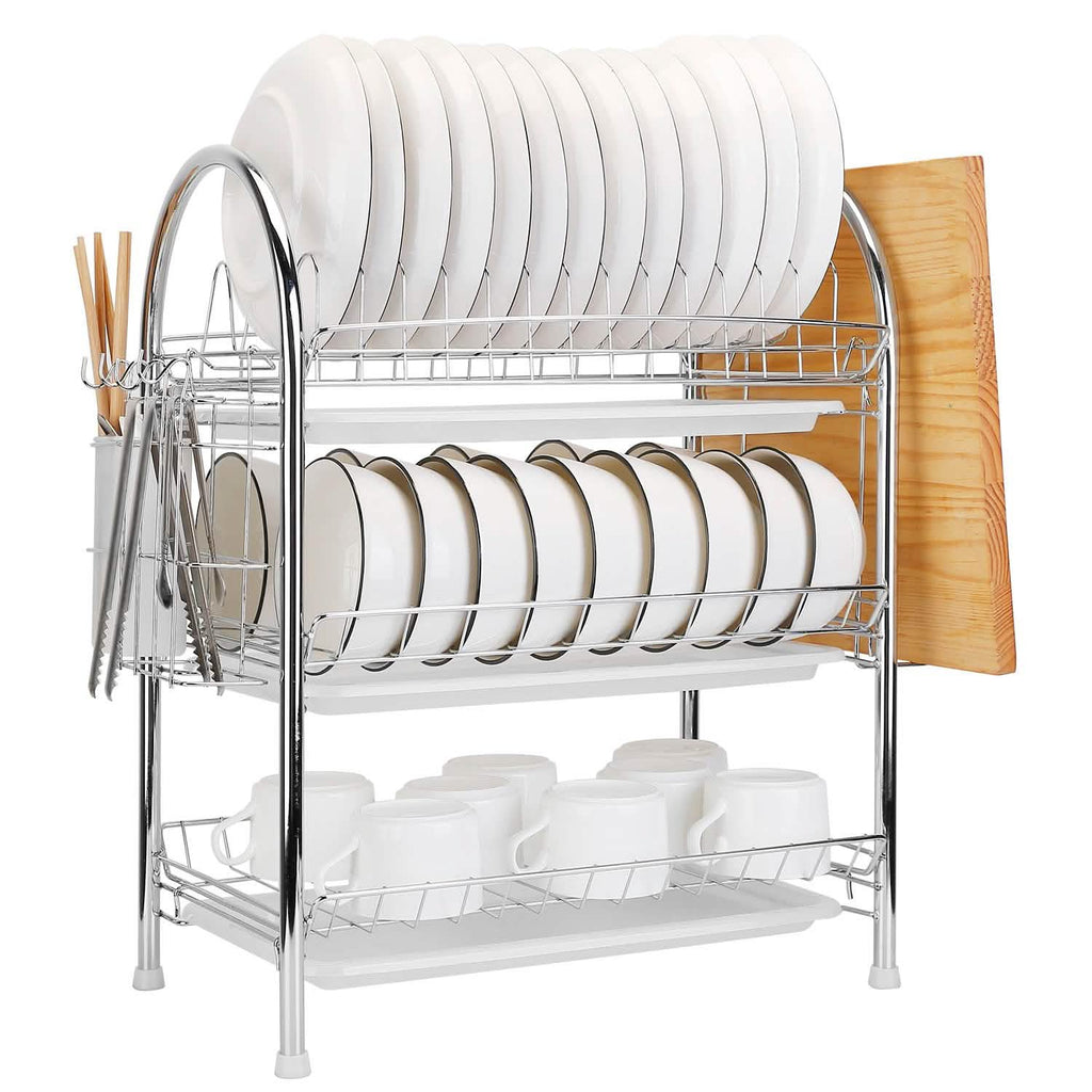 3-Tier Dish Drying Rack Shelf with 3 Drain Trays Chopping Board by DailySale