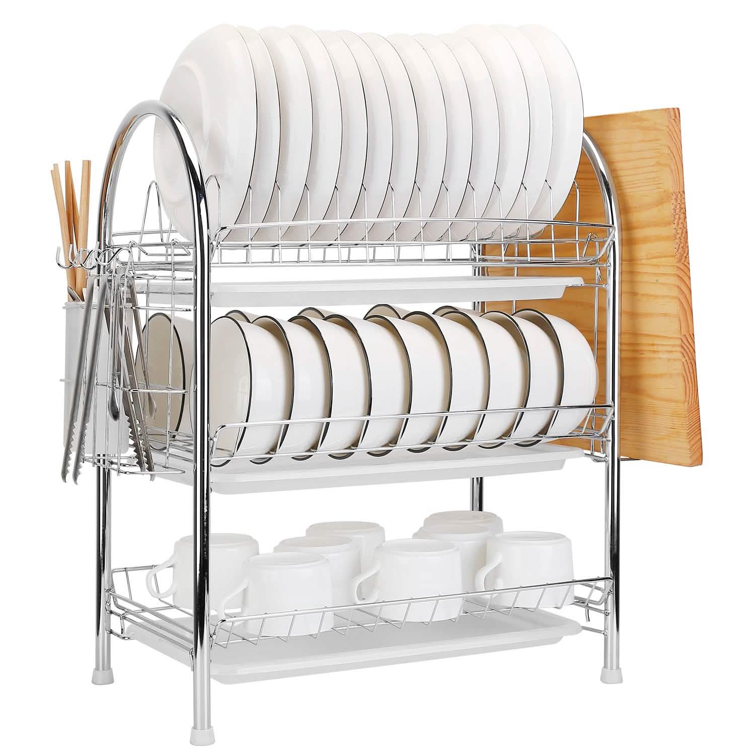 3-Tier Dish Drying Rack Shelf with 3 Drain Trays Chopping Board by DailySale