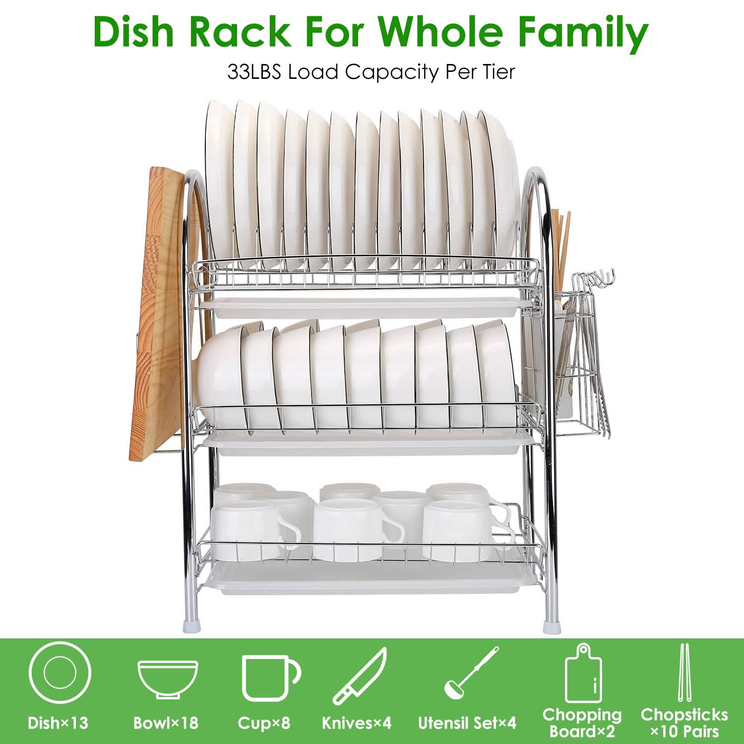 3-Tier Dish Drying Rack Shelf with 3 Drain Trays Chopping Board by DailySale