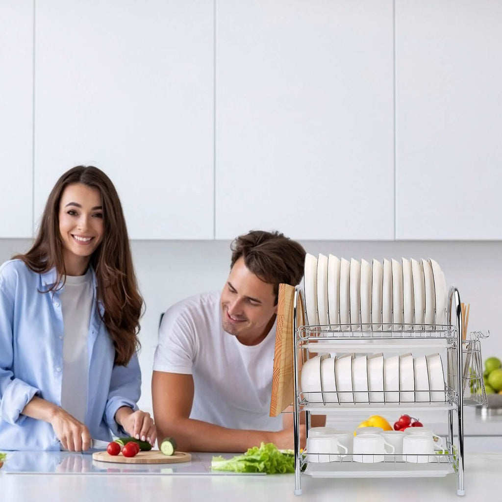 3-Tier Dish Drying Rack Shelf with 3 Drain Trays Chopping Board by DailySale