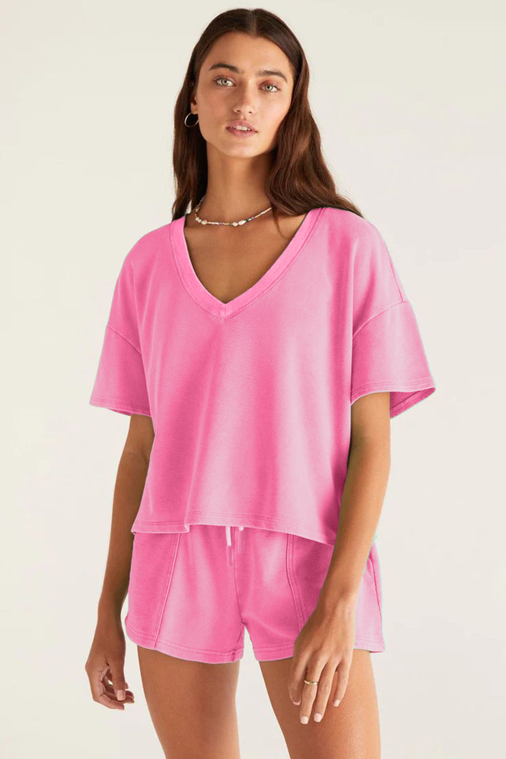 Mint Green V Neck Drop Shoulder Tee and Patchwork Drawstring Elastic Waistband Shorts Set by Dear-Lover Dropshipping