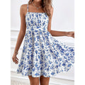 Floral Print Smocked Mini Dress Spaghetti Strap Slim Fit Flowy Dresses by FitiqueFit