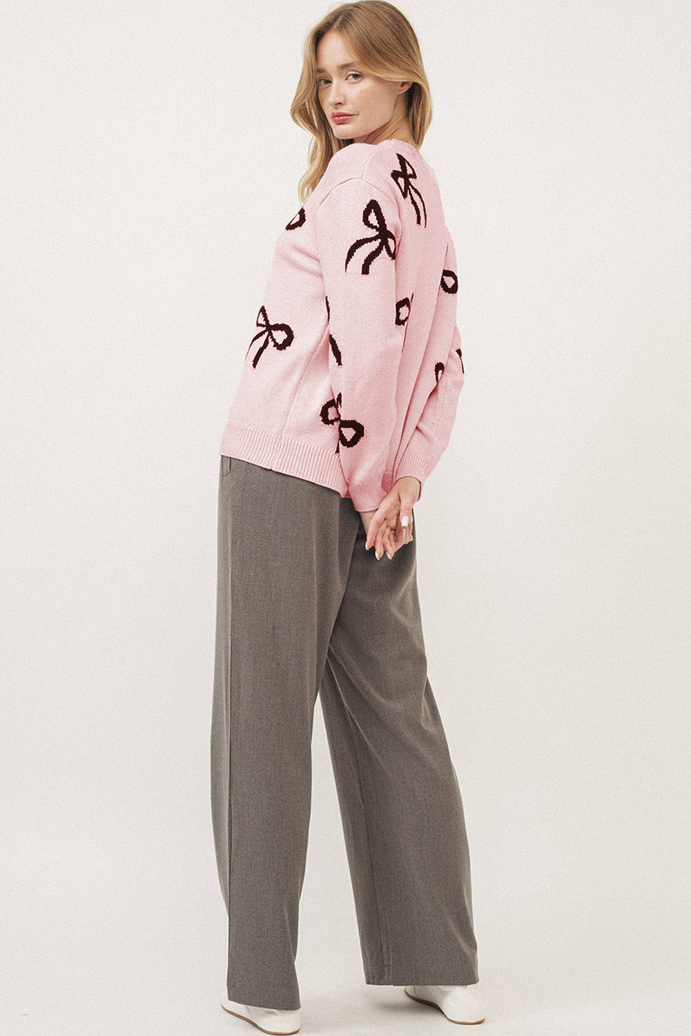 Light Pink Bow Pattern Knitted Loose Fit Sweater by Wild and Free Boutique