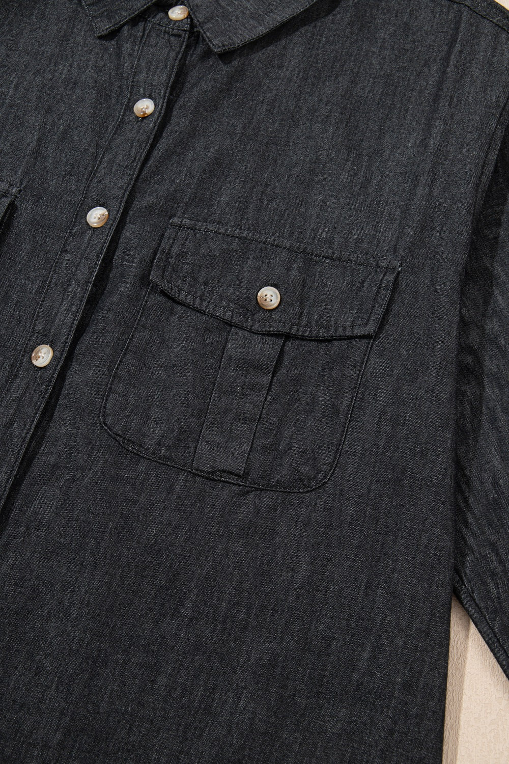 Pocketed Collared Neck Long Sleeve Denim Top by Wild and Free Boutique